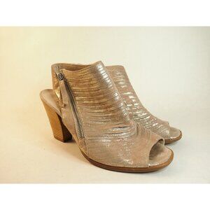 Paul Green Tan & Gold Metallic Suede Peep Toe Block Heels, Size 9.5 (US) 7 (UK)